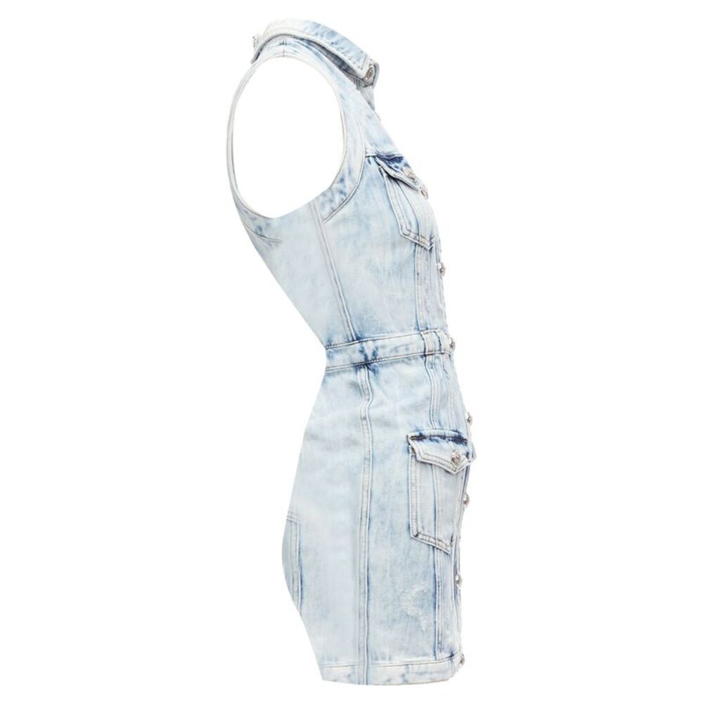 Balmain Distressed Denim Silver Buttons 4 Pocket Fitted Dress - Picture 4 of 6